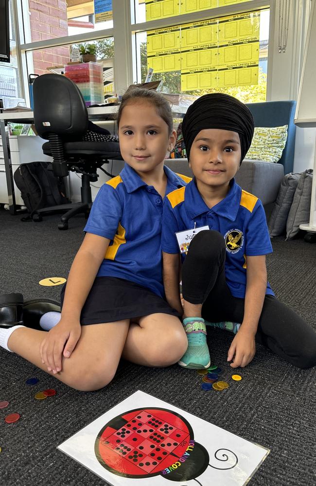 Elif Topal and Jugaad Kaur during their first week of prep at Bourchier St Primary School in Shepparton. Picture. Abby Walter