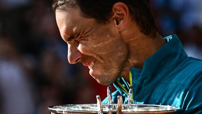 Rafael Nadal celebrates with The Musketeers' Cup after victory over Norway's Casper Ruud in the 2022 French Open final. Picture: AFP