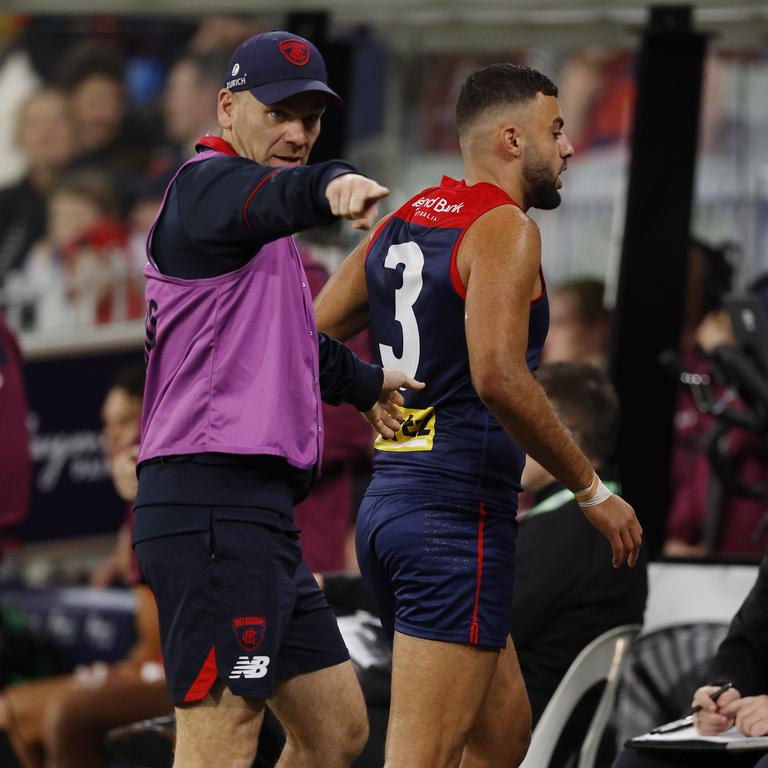 Melbourne premiership defender Christian Salem was ruled out of the match early in the first quarter with a hamstring injury. Picture: Michael Klein
