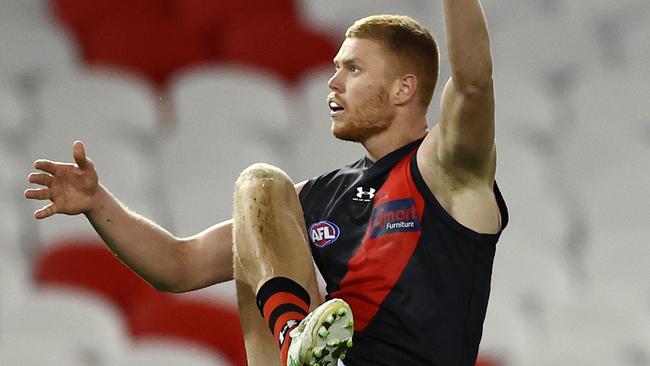 AFL Round 21. Western Bulldogs vs Essendon at Marvel Stadium, Melbourne. 08/08.2021. Peter Wright of the Bombers kicks a goal during the 3rd qtr. . Pic: Michael Klein