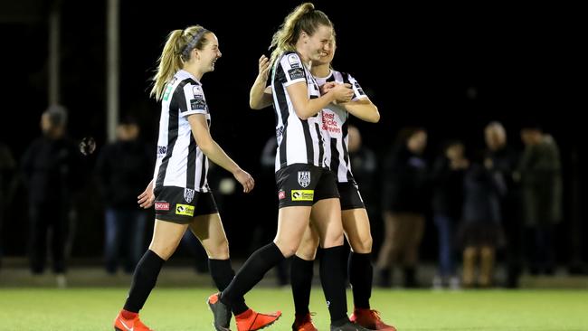 Chelsie Dawber celebrates one of her six goals for Adelaide City. Picture: Adam Butler