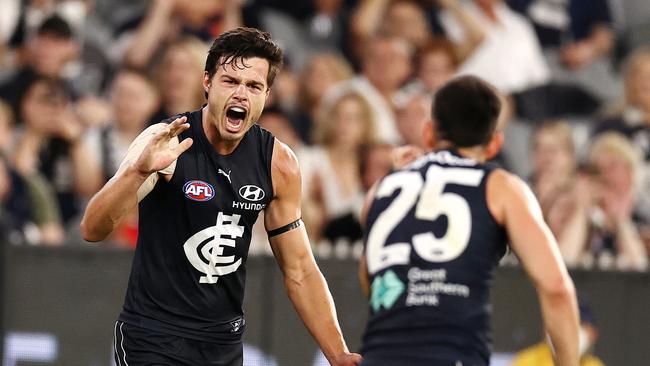 Jack Silvagni of the Blues celebrates a goal. Photo by Michael Klein