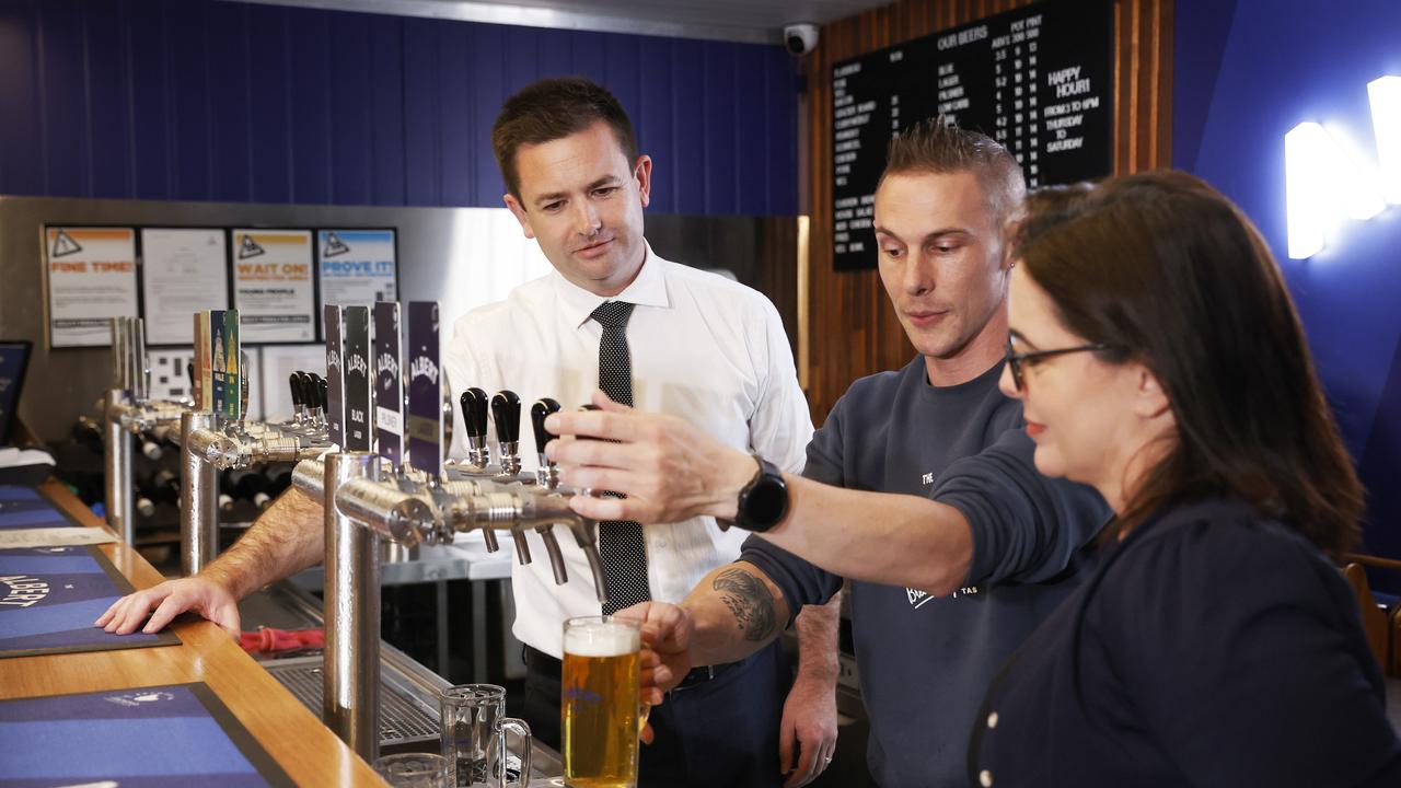 Dean Winter, Aaron Wilcock taproom manager, Ella Haddad Labor member for Clark at The Albert Brewery in Moonah. Labor Leader Dean Winter is calling on the government to ensure Tasmanian beverage producers are represented at the Macquarie Point stadium. Picture: Nikki Davis-Jones