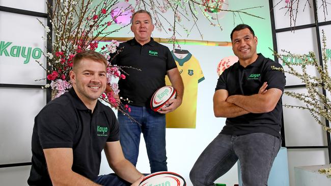 Kayo Rugby launch at Sun Studios in Alexandria. Former Wallabies L-R Drew Mitchell, Owen Finegan and George Smith getting on board the Wallabies ahead of the World Cup in Japan. Picture: Toby Zerna