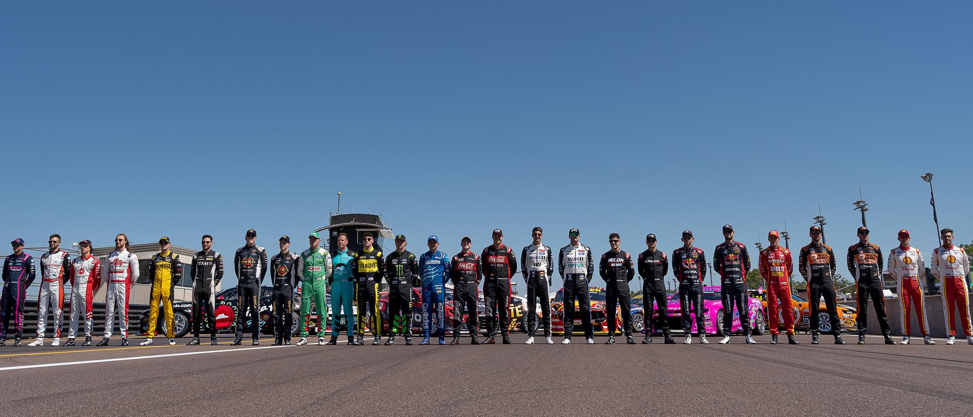 All the Supercars drivers gathered at Hidden Valley to show off their Indigenous liveries ahead of the 2023 Darwin round. Picture: Pema Tamang Pakhrin