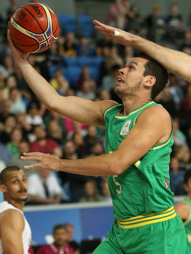 Jason Cadee playing for Australia in a FIBA World Cup qualifier.