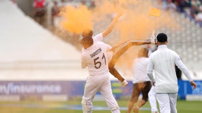 Bairstow stopped the protester in his tracks. Photo by Ryan Pierse/Getty Images