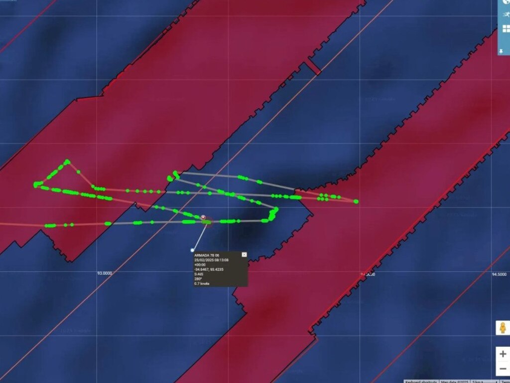 his image shows the vessel going back and forth over the search area – the red zone is what has been previously searched. Picture: x/BigOceanData
