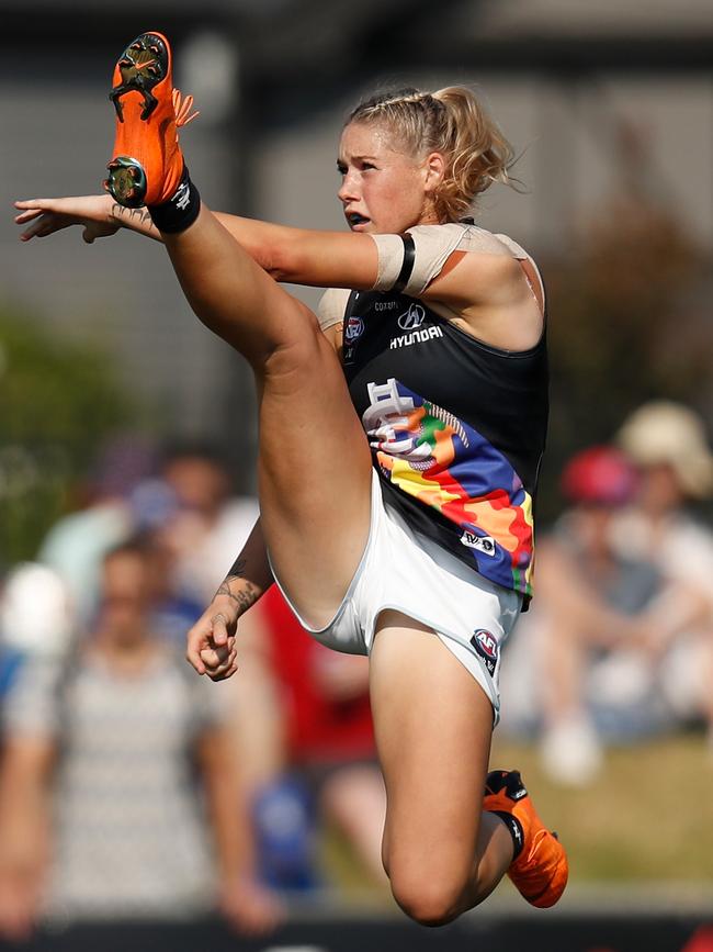 7 Sport deleted this photo of AFLW star Tayla Harris after it attracted abusive comments. Picture: Michael Willson/AFL Media