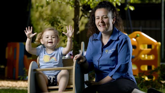 Kerryn Pine with daughter Ellie, 2, at Golden Grove Homestead Community Children’s Centre where Kerryn works and Ellie attends. Picture: Naomi Jellicoe