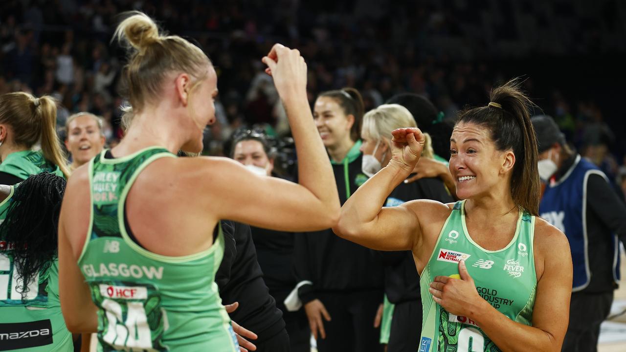 Sasha Glasgow of the Fever (L) and Verity Simmons celebrate beating Melbourne Vixens. Picture: Getty
