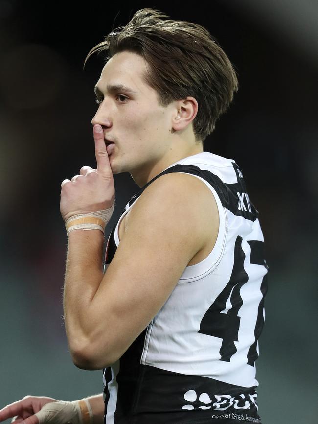 Tobin Cox silences Crows fans with a goal for the Magpies in the 2019 SANFL qualifying final. Cox will suit up for Murray South East at the championships. Picture: Sarah Reed