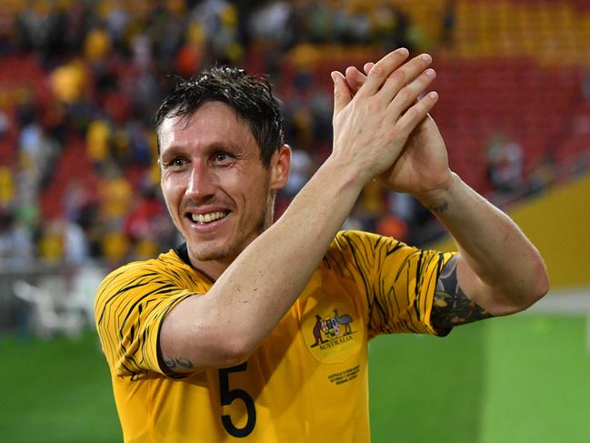 Mark Milligan of the Socceroos is seen reacting at the end of the International friendly match between Australia and the Korea Republic at Suncorp Stadium, in Brisbane, Saturday, November 17, 2018. (AAP Image/Darren England) NO ARCHIVING, EDITORIAL USE ONLY