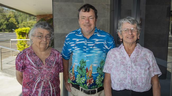 Mary Maloney, 79, of Lismore, with son, Christopher Maloney, 53, and Robin Churchill, 64, the first patrons at the reopening of the Lismore and District Workers Club on Keen St. Lismore.