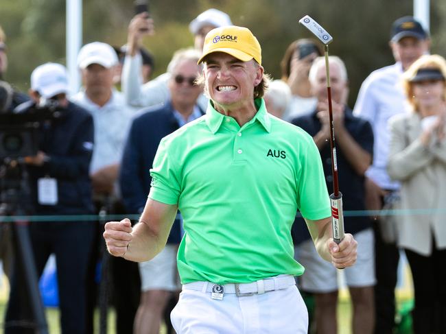 Jasper Stubbs of Australia celebrates winning the 2023 Asia-Pacific Amateur Championship following a playoff against Wenyi Ding of China following the final round of the 2023 Asia-Pacific Amateur Championship being played at the Royal Melbourne Golf Club in Melbourne, Australia on Sunday, October 29, 2023. Photograph by AAC.