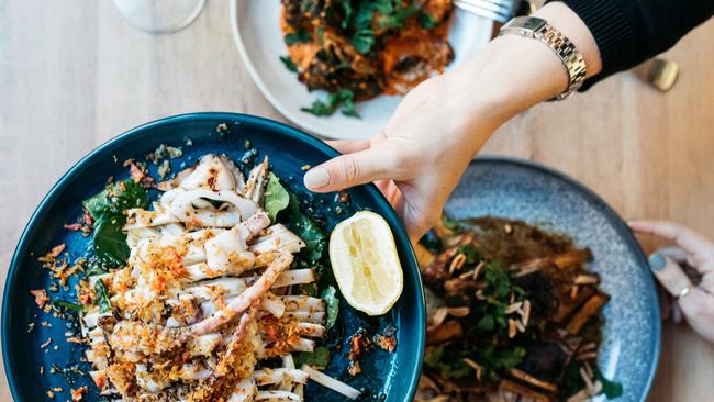 The charred southern calamari with pickled fennel, rocket, tomato pangrattato and lemon.