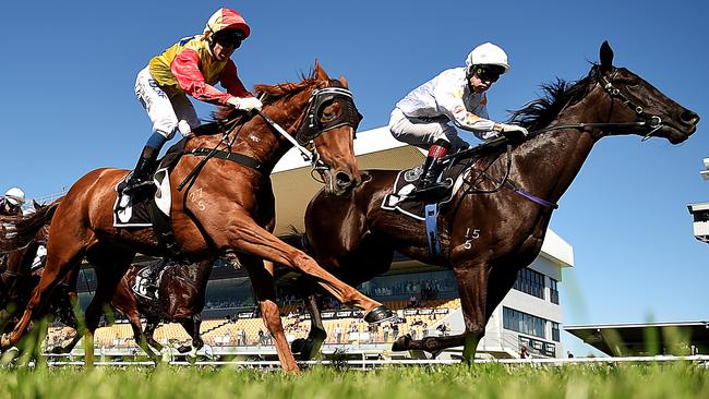 Miss Quaintly (right) powered home to score an impressive win. Picture: AAP