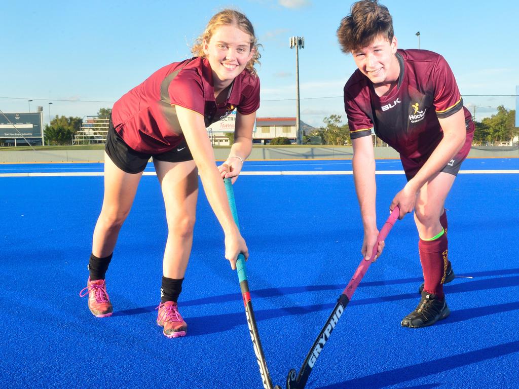 Townsville Hockey juniors Brooke Davis and Angus Shephard have been selected in the Queensland under-15 indoor hockey squads. Picture: MATTHEW ELKERTON