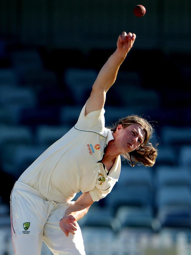 Tea Tree Gully quick Tim Oakley in action for an Australia XI against Pakistan at the WACA in 2019. Picture: AAP/Richard Wainwright