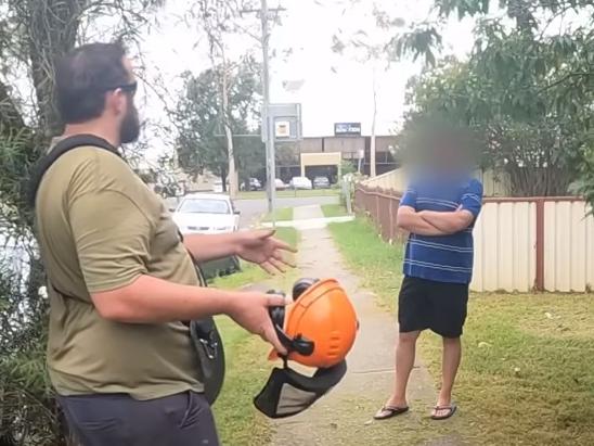 An angry neighbour has been blasted after making a weird threat to a gardener over the noise of his lawnmower.