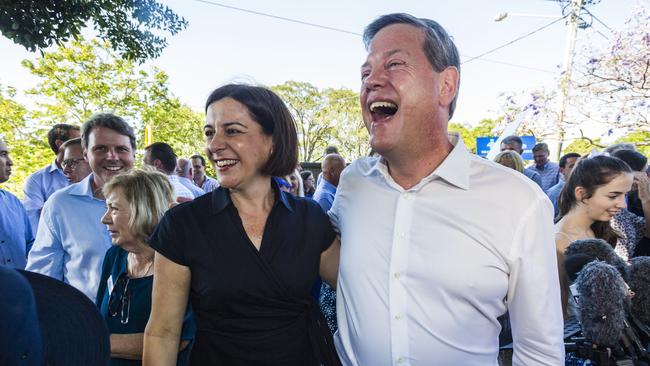 Queensland LNP leader Tim Nicholls and his deputy leader Deborah Frecklington with supporters in his electorate of Clayfield. Picture: AAP Image/Glenn Hunt