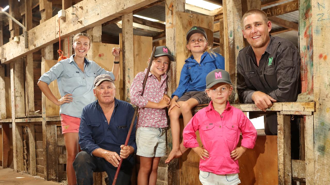 The Luhrs family - Rick and Marni, Russell, Ivy, 9, Nellie, 5, and Max, 7, of Mooralla Merinos at Hamilton in Victoria.