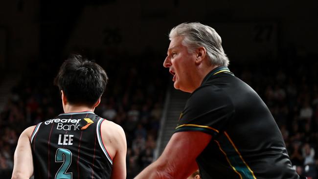 WOLLONGONG, AUSTRALIA - JANUARY 07: Scott Roth (R) coach of Jackjumpers reacts during the round 15 NBL match between Illawarra Hawks and Tasmania Jackjumpers at WIN Entertainment Centre, on January 07, 2025, in Wollongong, Australia. (Photo by Izhar Khan/Getty Images)