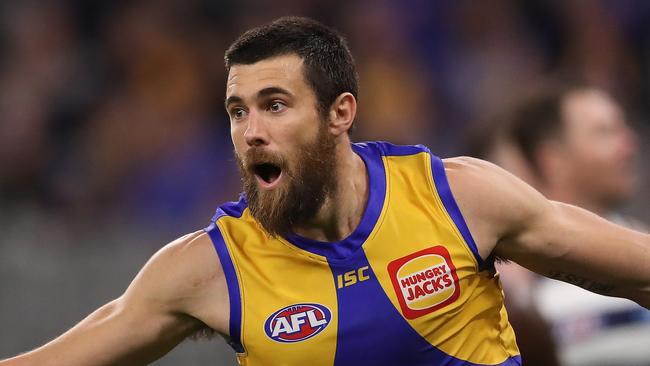 PERTH, AUSTRALIA - AUGUST 01: Josh J. Kennedy of the Eagles celebrates a goal during the round nine AFL match between West Coast Eagles and the Geelong Cats at Optus Stadium on August 01, 2020 in Perth, Australia. (Photo by Paul Kane/Getty Images)