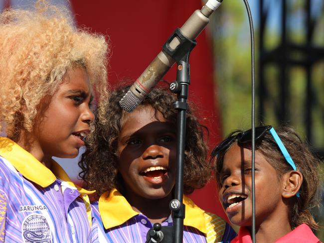 Students from Barunga Remote Community School who, with ILF Lifetime Ambassador and performer Justine Clarke with, wrote the 2024 Busking for Change song, Shordi Krik. Picture: Justine Taylor