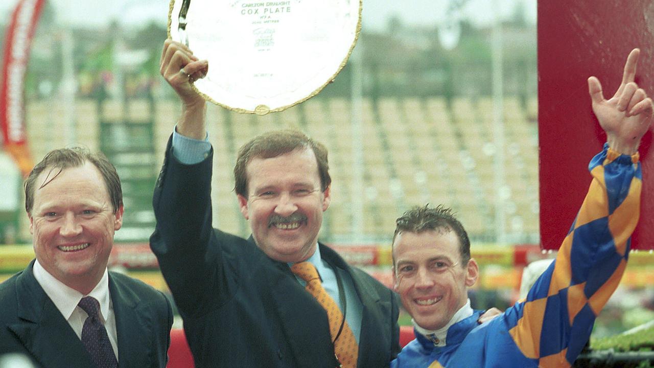 26/10/2003. Trainer Tony McEvoy, part owner Bryan Martin and jockey Steven King with the Cox Plate.