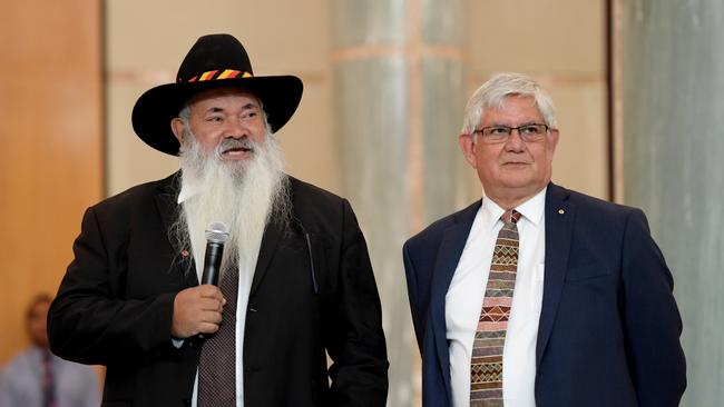 Senator Patrick Dodson (L) and former Liberal MP Ken Wyatt. (Photo by Tracey Nearmy/Getty Images)