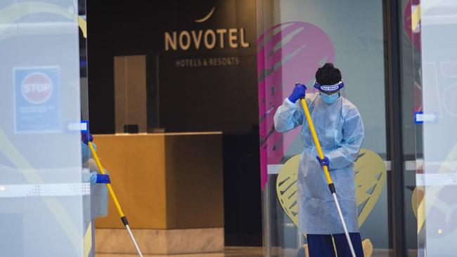 Cleaners at the Novotel hotel in South Wharf. Picture: Wayne Taylor/NCA NewsWire.