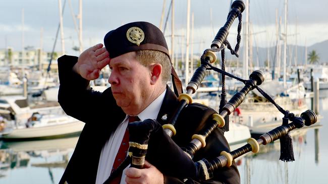 Commemoration dawn service for 80th anniversary of the Battle of the Coral Sea at Anzac Park, Townsville. Pipe Major for the Veterans and Families Pipe Band John Ferguson. Picture: Evan Morgan