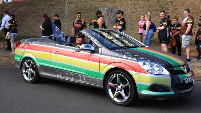 A fan in his Panthers colours car. Picture: Jenny Evans/Getty