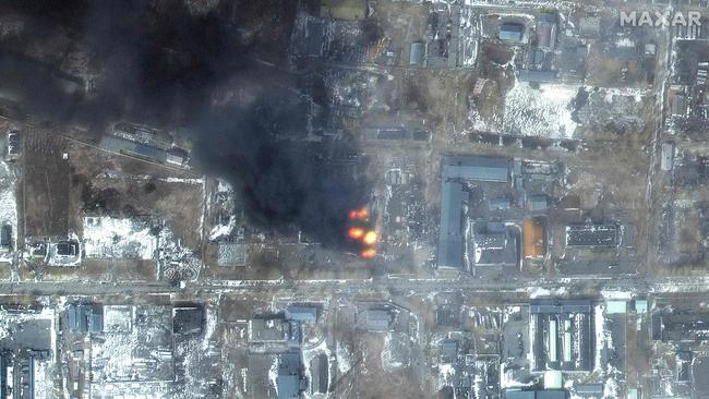 This Maxar satellite image shows a view of fires in an industrial area of the Primorskyi district in western Mariupol, Ukraine. Picture: AFP /Maxar Technologies