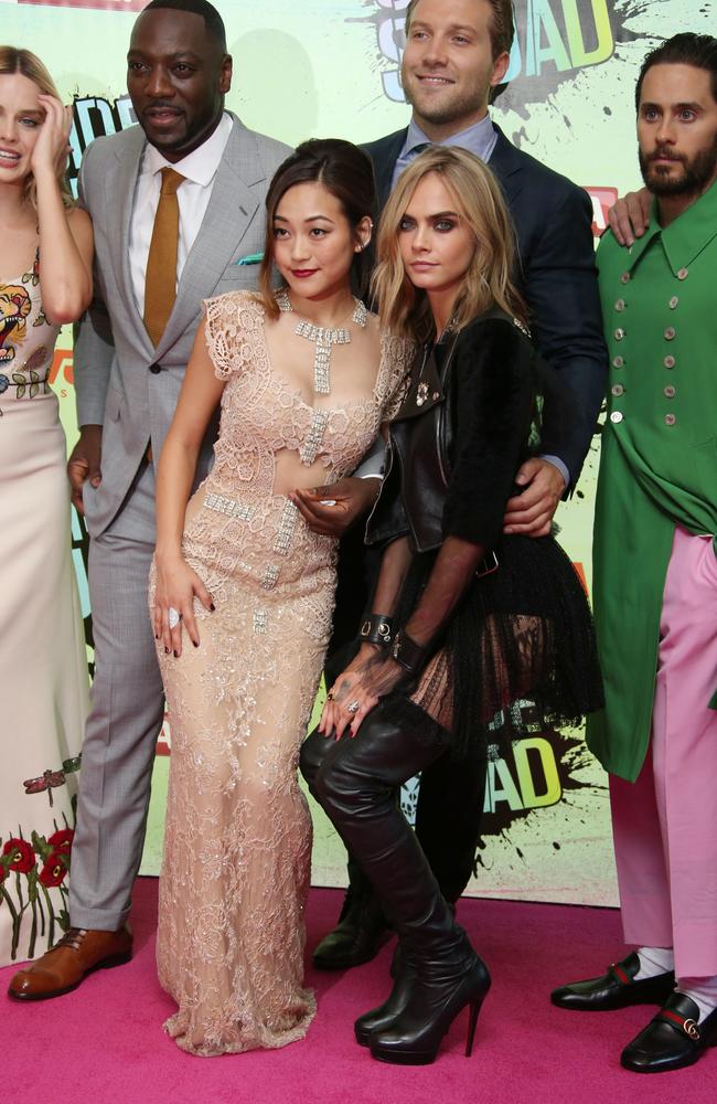 Margot Robbie, Adewale Akinnuoye, Karen Fukuhara, Jai Courtney, Cara Delevingne, and Jared Leto attend the European Premiere of “Suicide Squad” at the Odeon Leicester Square on August 3, 2016 in London, England. Picture: AP