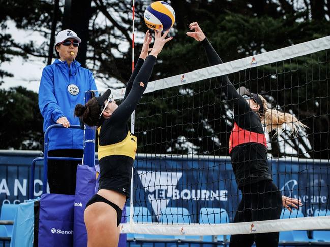 Elizabeth Alchin playing beach volleyball for Australia against Canada. Photo: Supplied.