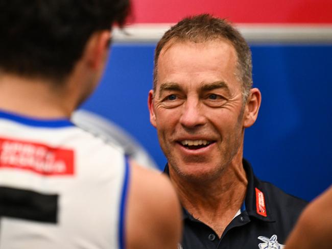 PERTH, AUSTRALIA - JUNE 08: Alastair Clarkson, Senior Coach of the Kangaroos is happy with thew in during the 2024 AFL Round 12 match between the West Coast Eagles and the North Melbourne Kangaroos at Optus Stadium on June 08, 2024 in Perth, Australia. (Photo by Daniel Carson/AFL Photos via Getty Images)