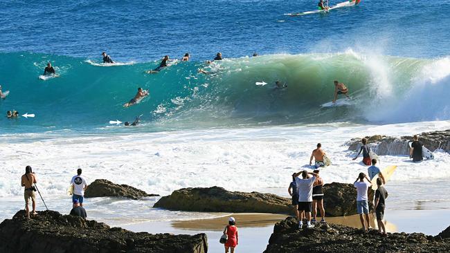 Coolangatta surf photographer Scott Amos captured this photo at Snapper Rocks on Monday of surfers and ocean photographers out in force. Picture: Scott Amos @samossurfphotography.