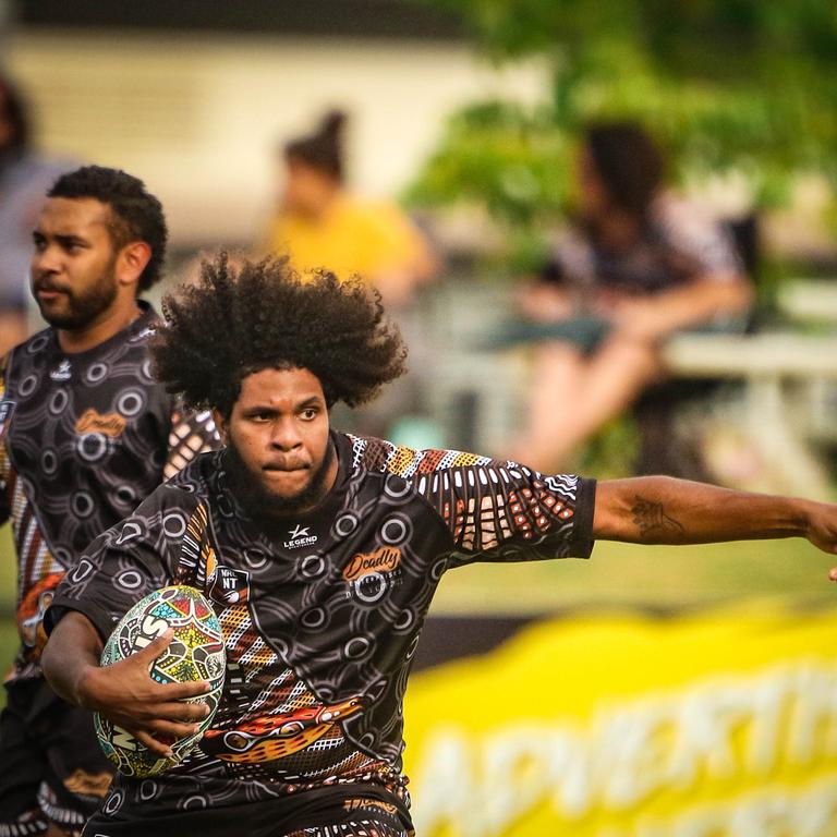 Caleb Niki as the Indigenous All Stars take on the Territory All Stars in the senior men’s rugby league Deadly Cup matchup. Picture: Glenn Campbell