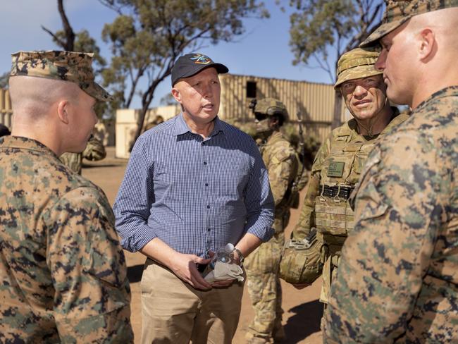 Defence Minister Peter Dutton at a capability demonstration at Townville Field Training Area in Queensland, during Exercise Talisman Sabre 2021 involving Australia, the US, Canada, Japan, Korea, New Zealand and the UK.