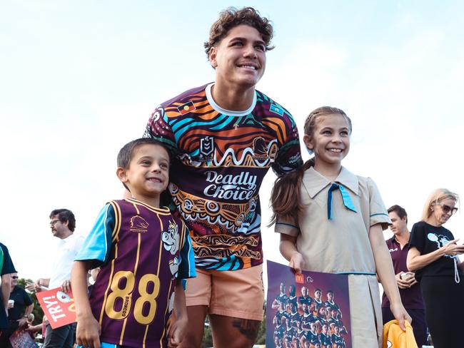 GOLD COAST Brisbane Broncos player Reece Walsh meeting fans at the Burleigh Bears season launch. Pizzey Park, Miami. Photo: Zak Simmonds.