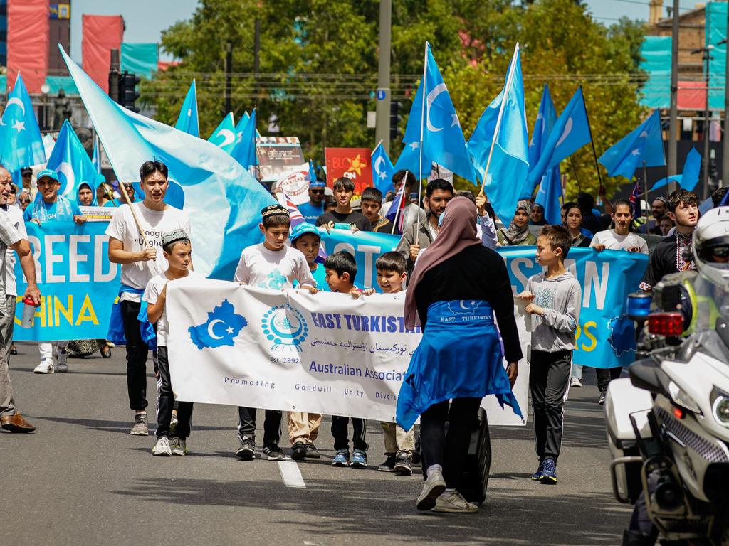 Uyghurs rally against Chinese human rights abuses in Melbourne. Picture: Mike Burton