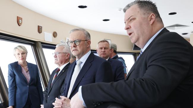 Prime Minister Anthony Albanese with Anthony Donald CEO TasPorts. Prime Minister Anthony Albanese in Hobart in relation to $188 million funding for Macquarie Wharf. Picture: Nikki Davis-Jones