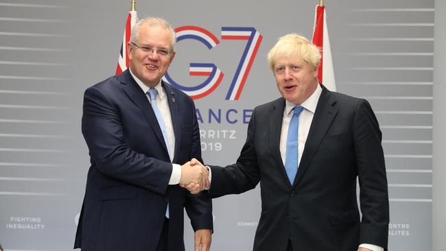 Prime Minister Scott Morrison meeting with British counterpart Boris Johnson at the G7 summit in France in 2019. Picture: Supplied