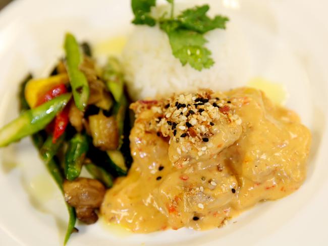 On the menu: red Thai chicken curry with vegetables.