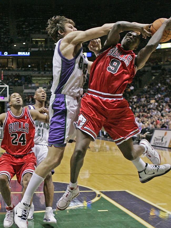 Bogut battles with the Bulls as a young Buck in 2006. Picture: AP