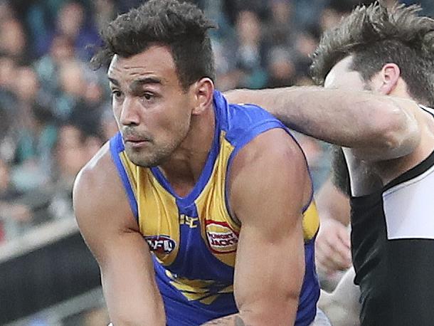 11/08/18 - AFL - Port Adelaide v West Coast Eagles at the Adelaide Oval. Brendon Ah Chee and Justin Westhoff. Picture SARAH REED