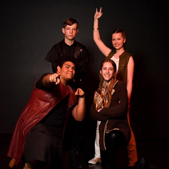 We Will Rock You is on at the Townsville Civic Theatre this weekend. Cast members Joseph Ori and Elizabeth Davis (front) with Riley Johnston and Bridget Baxter (back). Picture: Evan Morgan