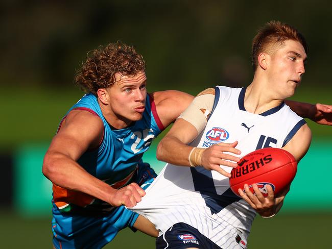 Oscar Ryan (R) playing for Vic Country during the 2023 AFL National Championships match. Picture: Getty Images